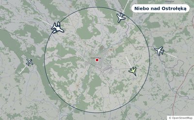 Mapa okolic miasta z sylwetkami samolotów — Niebo nad Ostrołęką na żywo