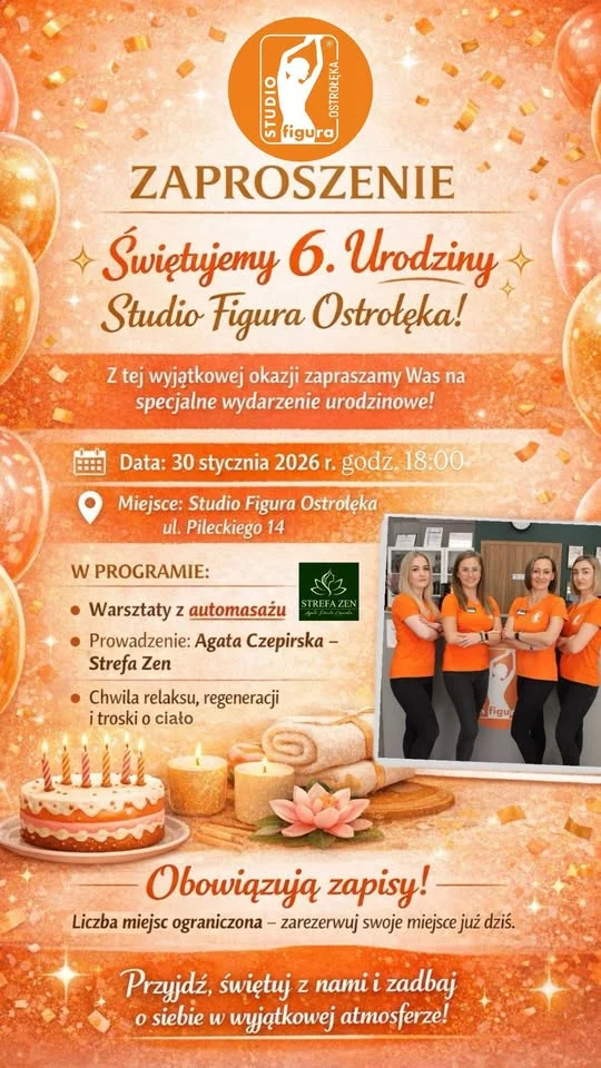 Grafika promocyjna wydarzenia Studio Figura Ostrołęka świętuje 6. urodziny — wieczór dla kobiet z warsztatem o pracy z twarzą