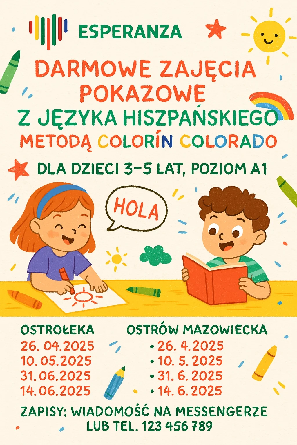 Grafika promocyjna wydarzenia Darmowe zajęcia pokazowe z języka hiszpańskiego dla dzieci w Ostrołęce i Ostrowi Mazowieckiej