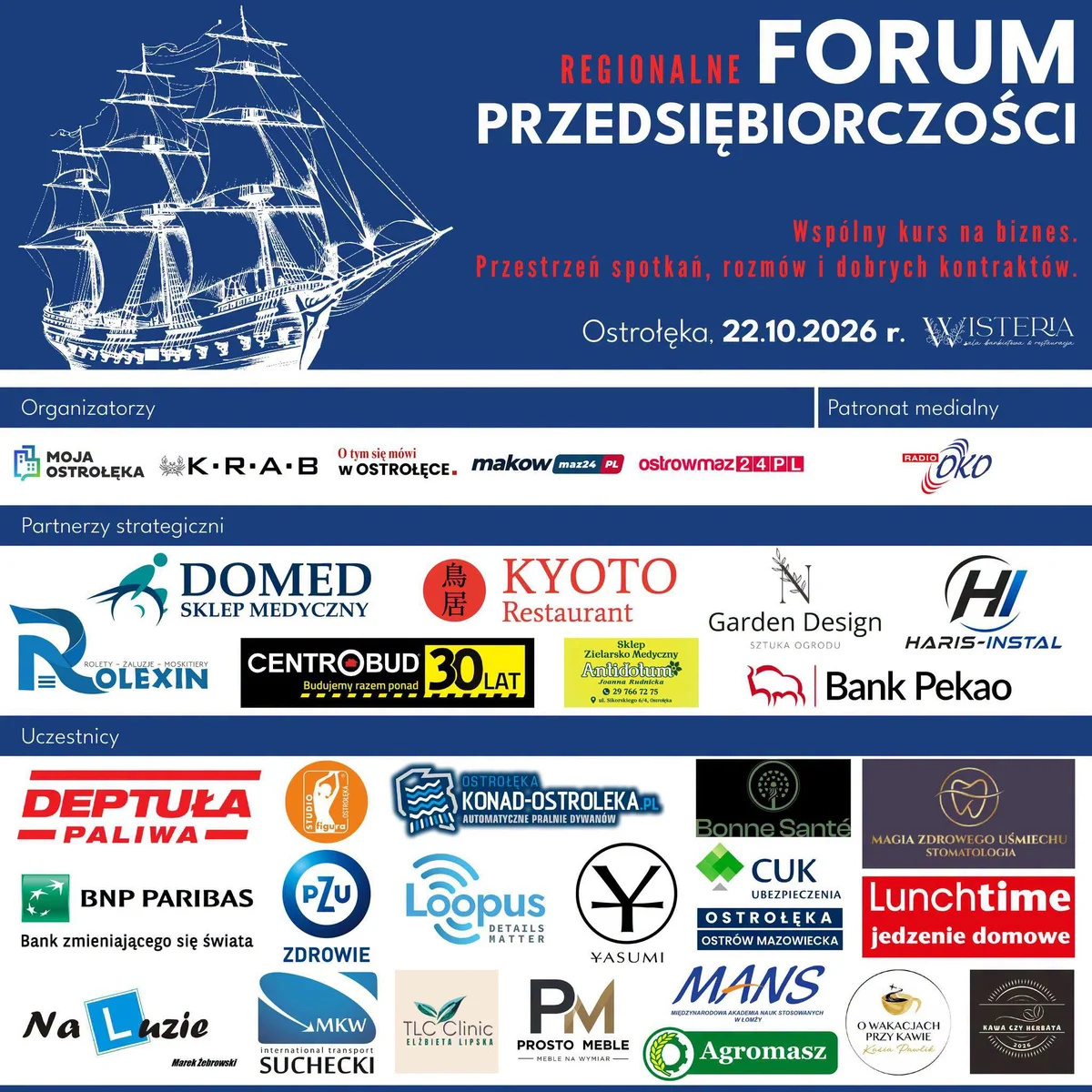 Grafika promocyjna wydarzenia DOMED na Forum Przedsiębiorczości w Ostrołęce