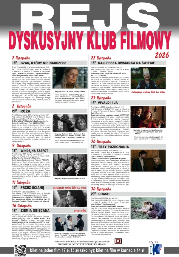 Grafika promocyjna wydarzenia Dyskusyjny Klub Filmowy „Rejs” – repertuar na listopad 2026