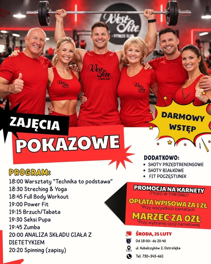 Grafika promocyjna wydarzenia Fitnessowy Start! Bezpłatne Zajęcia Pokazowe w WestSite