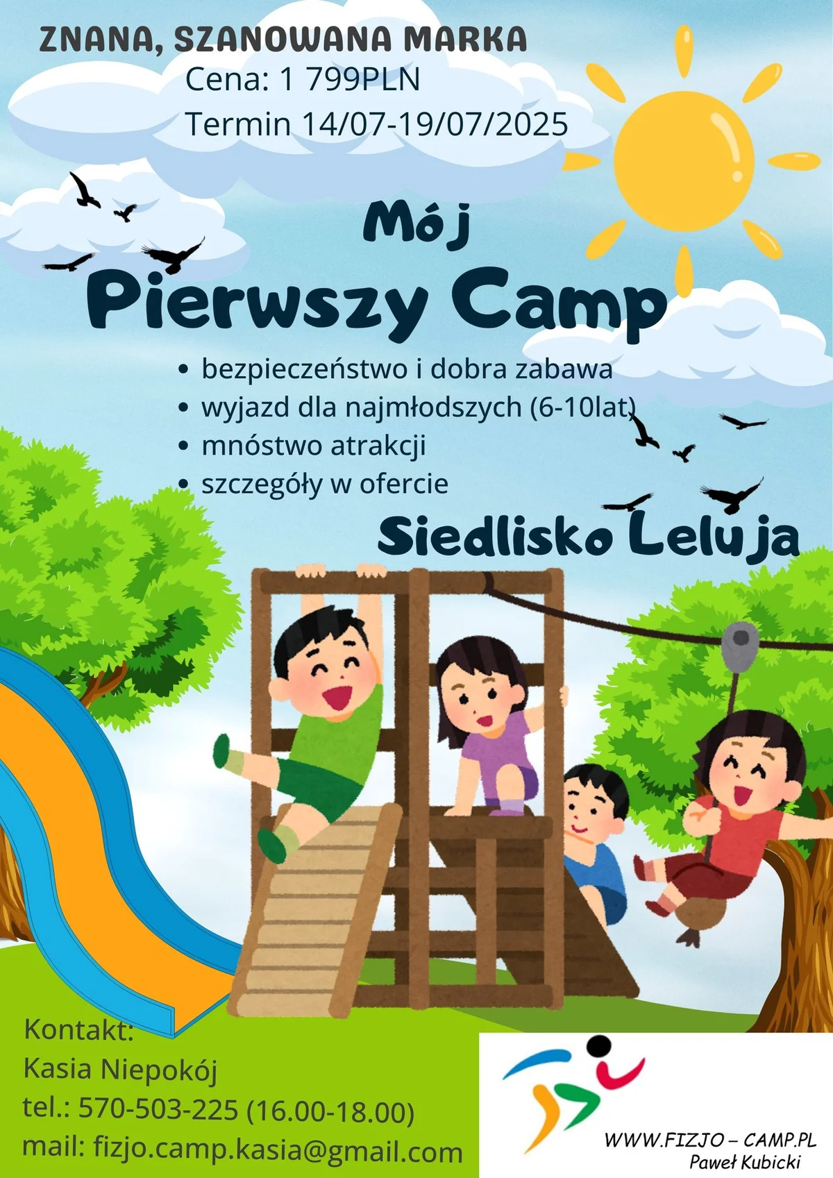 Grafika promocyjna wydarzenia Letni obóz dla dzieci w Siedlisku Leluja z programem rozwoju i zabawy