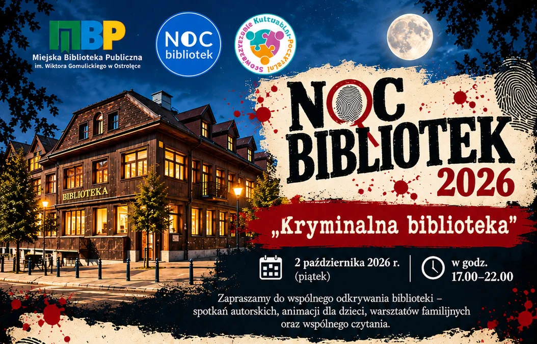 Grafika promocyjna wydarzenia Noc Bibliotek w Ostrołęce – „Kryminalna biblioteka”