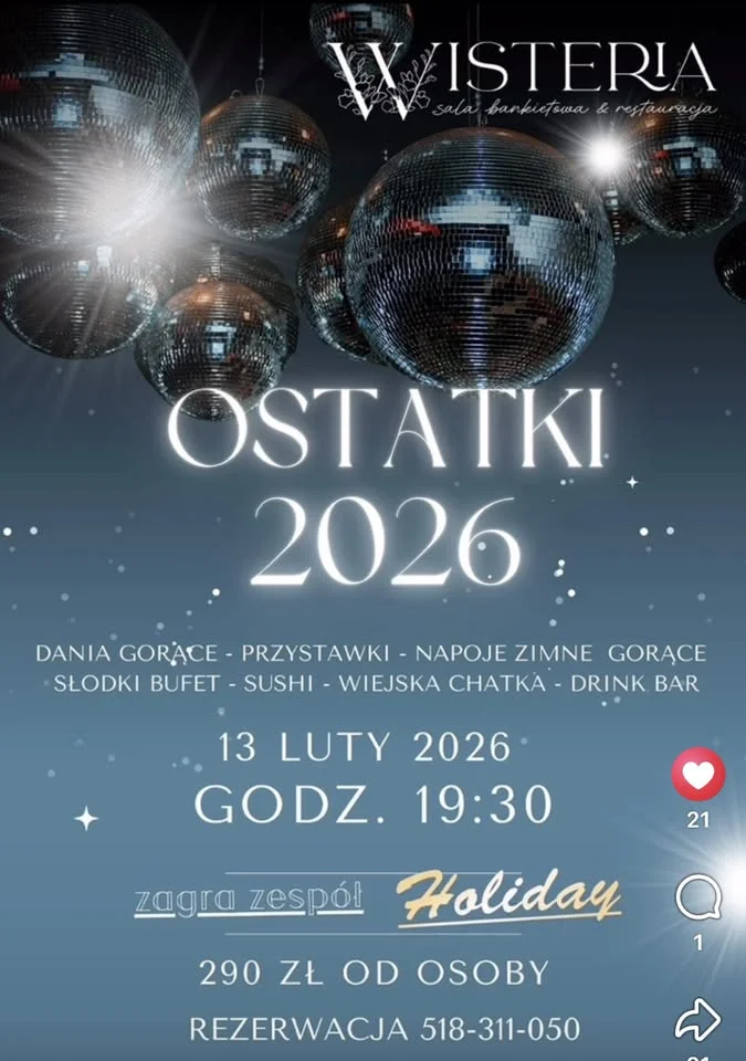Grafika promocyjna wydarzenia Ostatki z Holiday w Wisteria Ostrołęka — bal ostatkowy 13 lutego