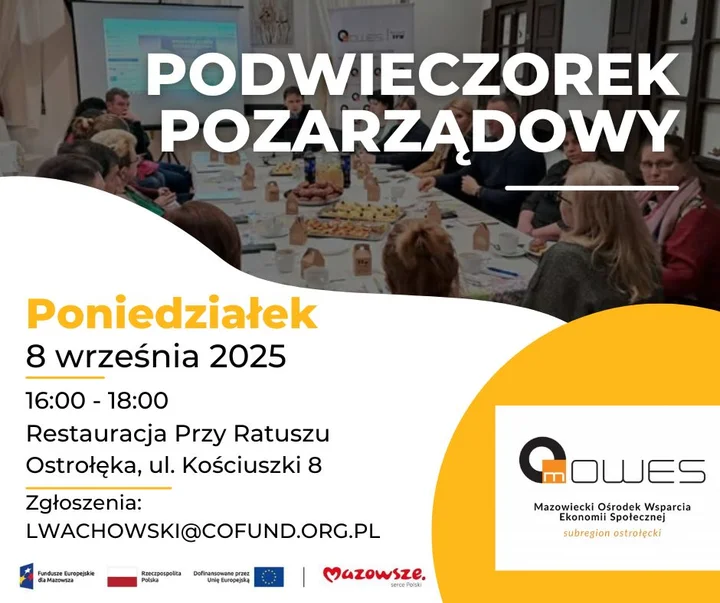 Obrazek przedstawia grafikę promocyjną wydarzenia Spotkanie dla organizacji pozarządowych w Ostrołęce — 8 września 2025