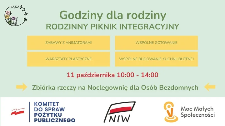Obrazek przedstawia grafikę promocyjną wydarzenia Piknik integracyjny dla rodzin przy Kołobrzeskiej 7