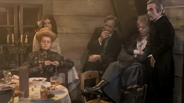 Grafika promocyjna wydarzenia DKF Rejs pokazuje „Wesele” Andrzeja Wajdy z gościem Karolem Szafrańcem