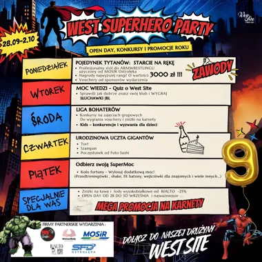 Grafika promocyjna wydarzenia West SuperHero Party – 9. urodziny klubu