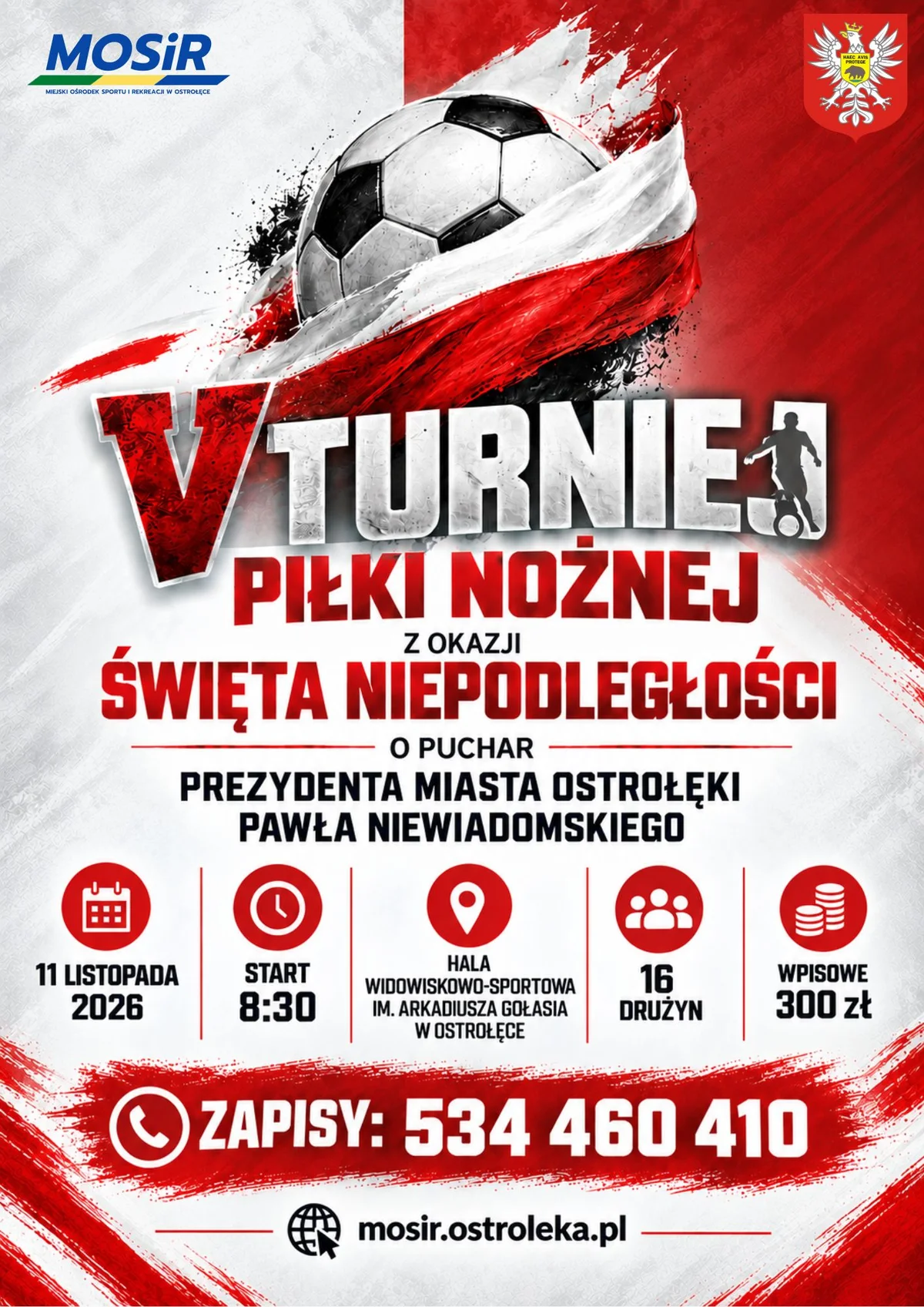 Grafika promocyjna wydarzenia V Turniej Piłki Nożnej z okazji Święta Niepodległości