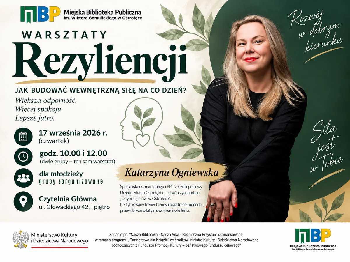 Grafika promocyjna wydarzenia Warsztaty z rezyliencji z Katarzyną Ogniewską